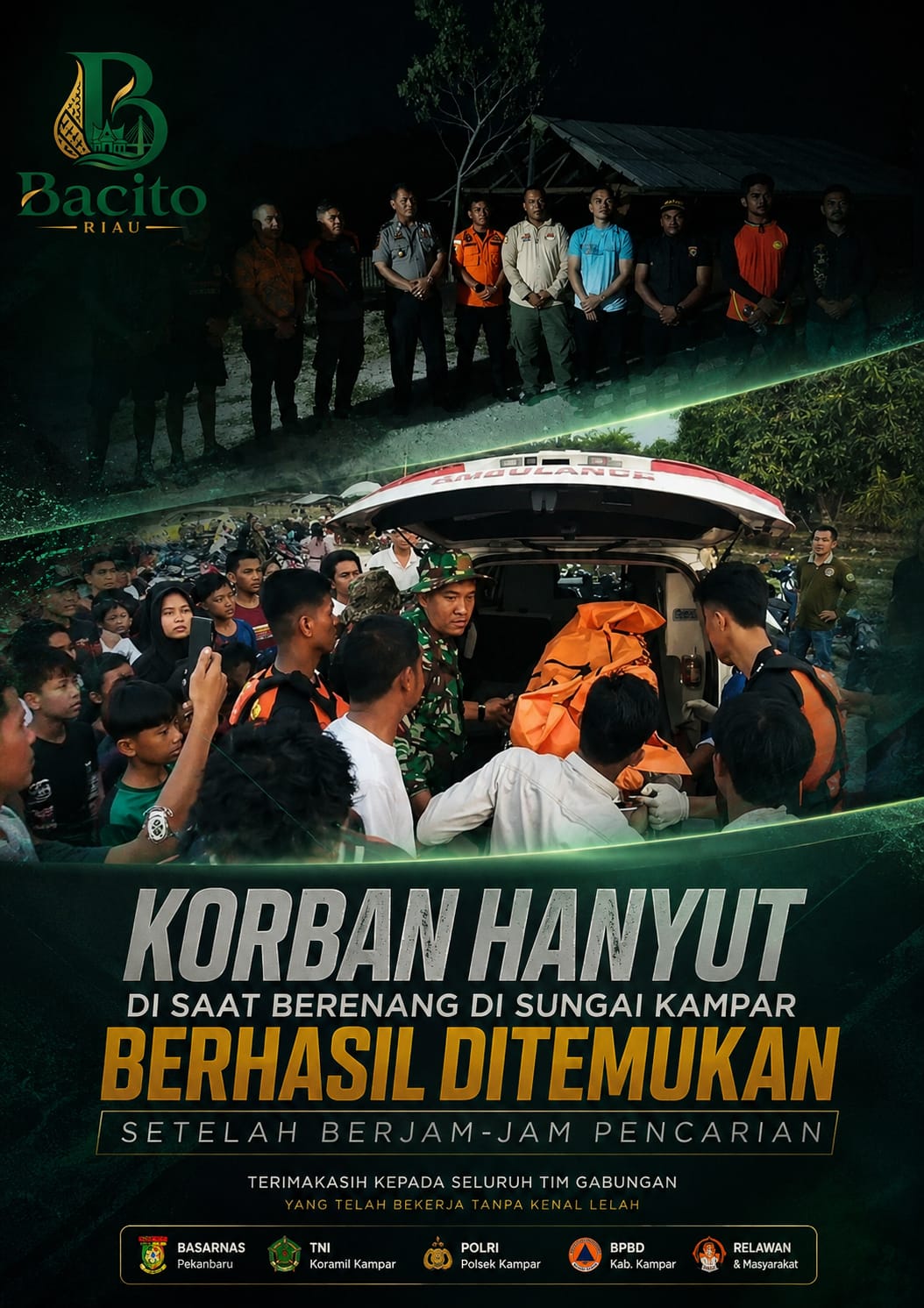 Korban Hanyut Saat Berenang di Sungai Kampar Ditemukan Setelah Berjam-jam Pencarian.