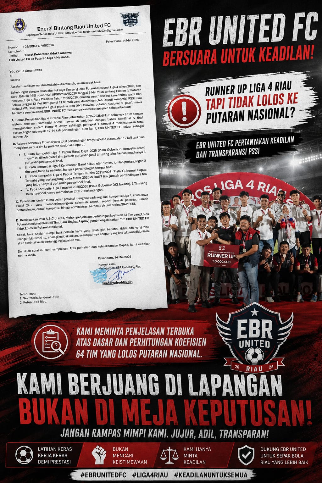 EBR United FC Layangkan Surat Keberatan ke PSSI,Pertanyakan Gagal Lolos ke Putaran Nasional Liga 4