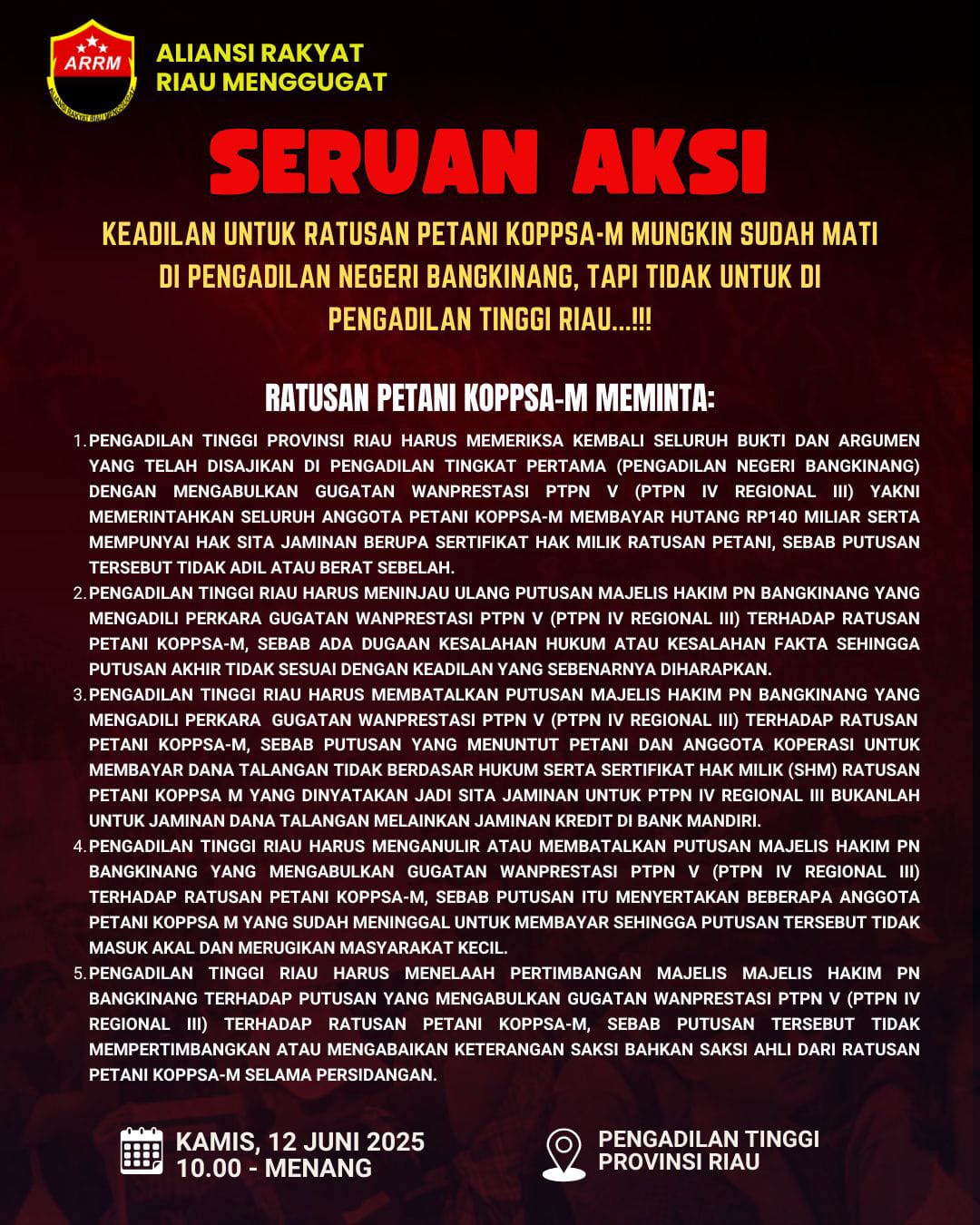 Petani Sawit Tergabung Dalam Koppsa-M Minta Hakim Pengadilan Tinggi Anulir Putusan PN Bangkinang